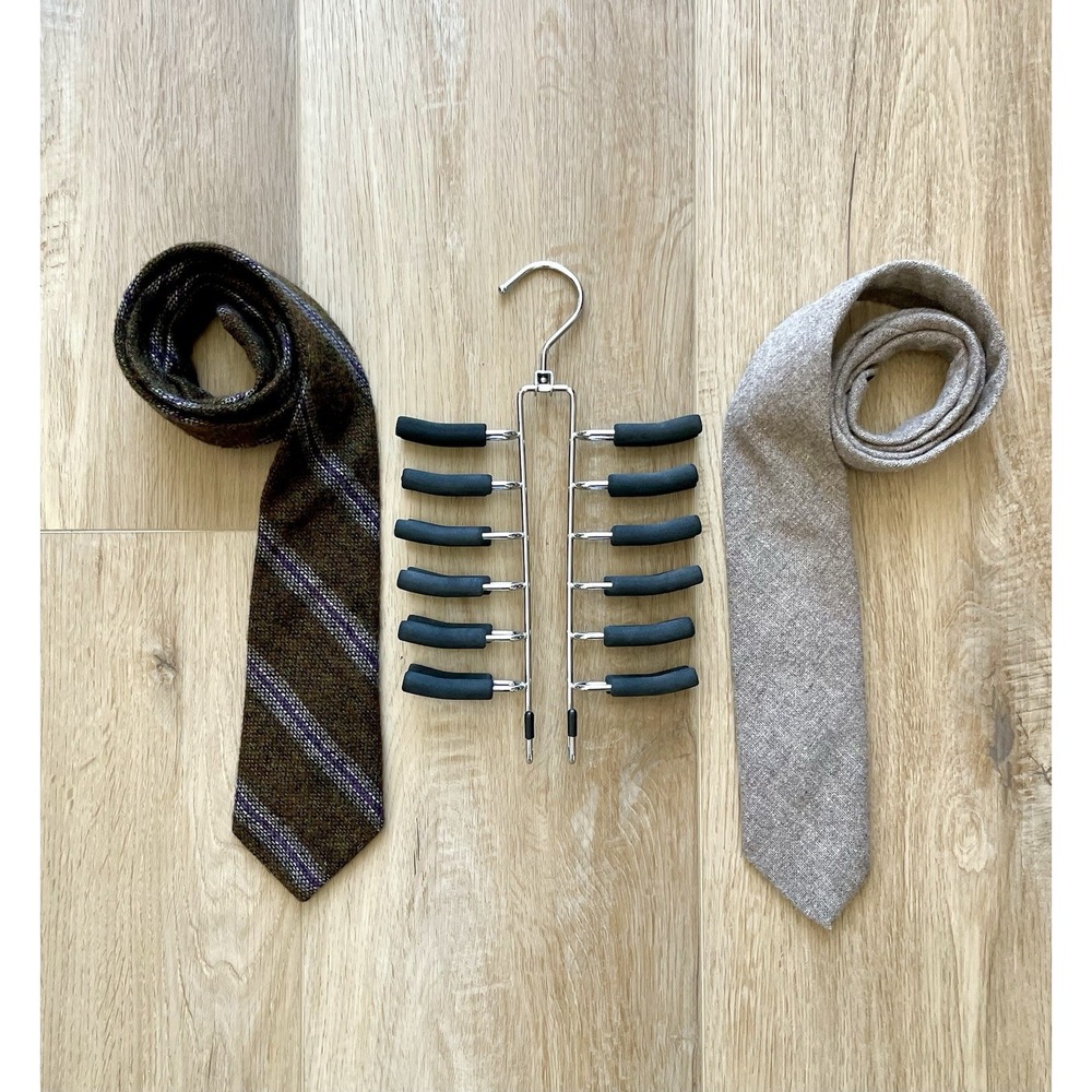 Vintage Men's Wool Blend Tie Lot (2) Ties with Non-Slip Chrome Tie Hanger Rack